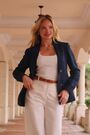 Sosandar Navy Blue Linen Blend Tuxedo Blazer Jacket - Image 2 of 7
