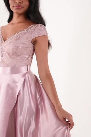 Quiz Pink Lace Bardot Dip Hem Dress - Image 2 of 6