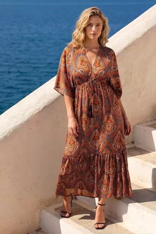 Roman Orange Paisley Boho Print Maxi Dress - Image 2 of 5