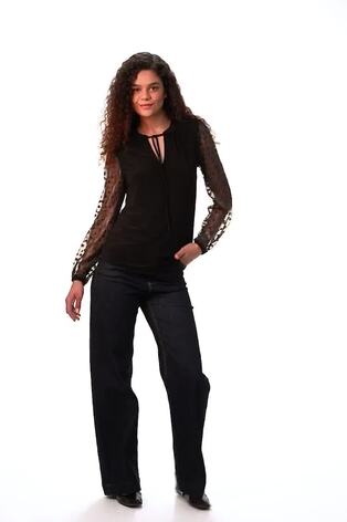 Roman Black Tie Neck Plisse Sleeve Top - Image 2 of 6