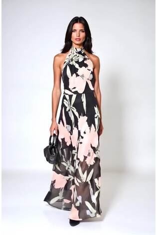 Religion Black Anja Halterneck Maxi Dress With Sash Neck Tie In Soft Floral On Black Georgette - Image 2 of 7