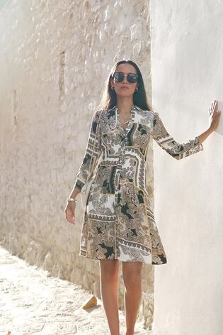 Buy Sosandar Cream Scarf Print Fit and Flare Ruched Sleeve Shirt Dress from the Next UK online shop