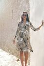 Sosandar Cream Scarf Print Fit and Flare Ruched Sleeve Shirt Dress - Image 2 of 6