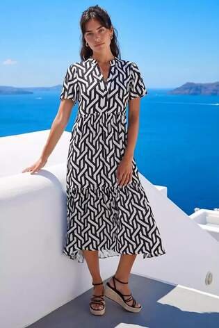 Roman Black Geometric Print Tiered Midi Dress - Image 2 of 5