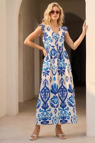 Roman Blue Abstract Print Frill Detail Midi Dress - Image 2 of 6