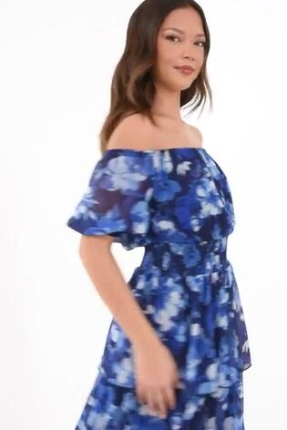 Quiz Blue Chiffon Floral Bardot Tiered Midi Dress - Image 2 of 5