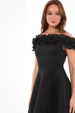Quiz Black Scuba Foam Bardot Midi Skater Dress With Organza Trim Detail - Image 2 of 5