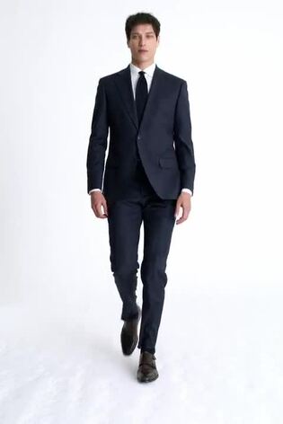 MOSS Navy Blue Tailored Fit Milled Check Suit Jacket - Image 2 of 8