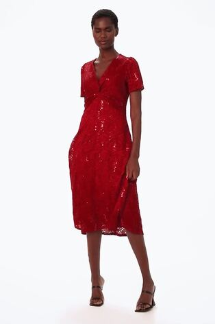 Roman Red Sequin Lace Twist Front Midi Dress - Image 2 of 7