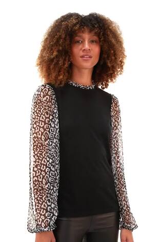 Roman Black 2-In-1 Animal Print Mesh Sleeve Top - Image 2 of 6