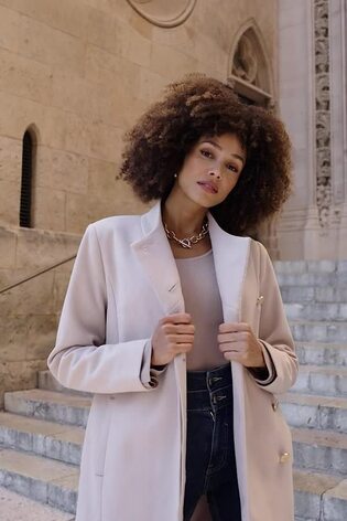 Beige funnel neck coat clearance