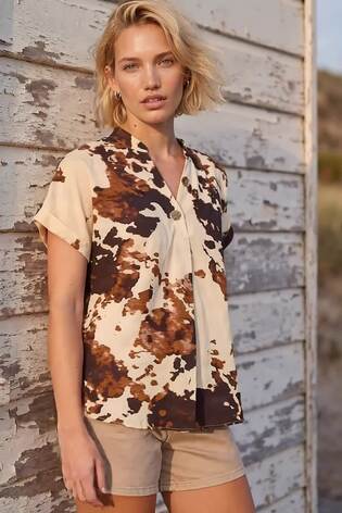 Roman Brown Cow Print Pleat Top - Image 2 of 6