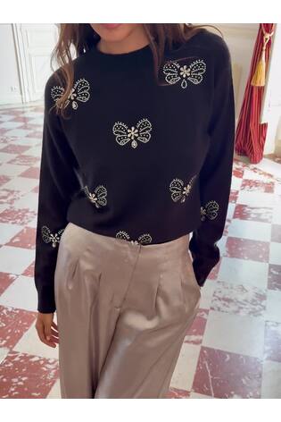 Սև - Love & Roses Crew Neck Embellished Butterfly Detail Knitted Jumper - Պատկեր 2 6-ից