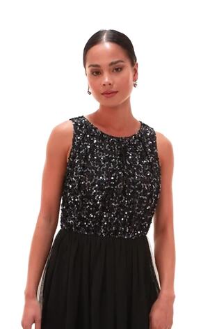 Roman Black Petite Contrast Sequin Mesh Dress - Image 2 of 6