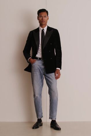 Velvet Double-Breasted Tuxedo Jacket in Black - Image 2 of 8