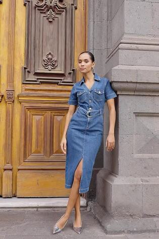 Blue belted midi denim dress outlet