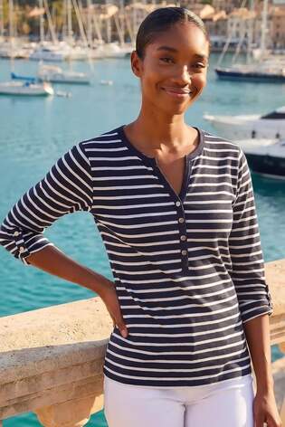 Roman Blue Petite Stripe V-Neck Button Top - Image 2 of 5