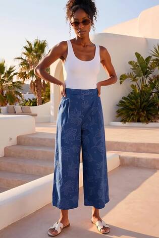Roman Blue Textured Floral Cropped Wide Leg Trousers - Image 2 of 5