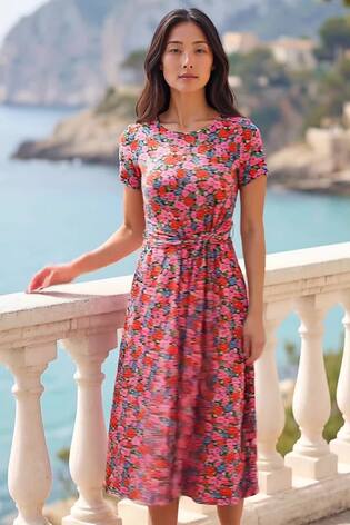 Roman Red Petite Floral Tie Front Stretch Midi Dress - Image 2 of 7
