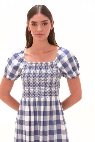 Roman Blue Border Print Puff Dress - Image 2 of 6