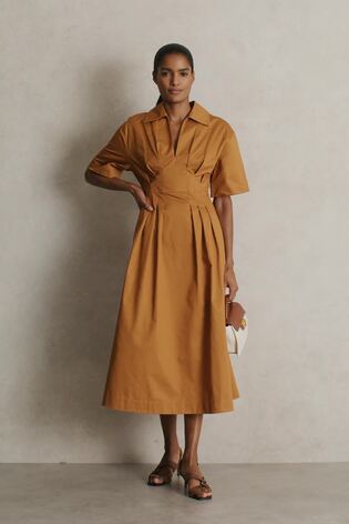 Cotton Pleated-Waist Midi Dress in Rust - Image 2 of 7