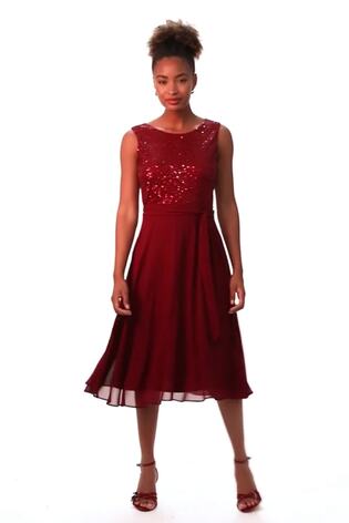 Roman Red Sequin Bodice Belted Chiffon Dress - Image 2 of 6