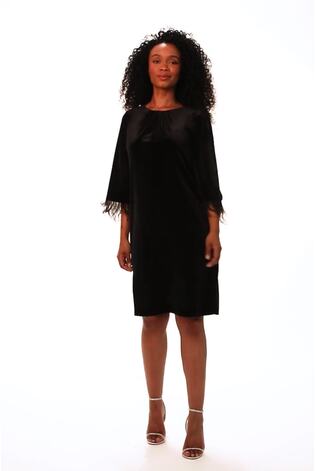Roman Black Petite Velvet Feather Trim Stretch Dress - Image 2 of 4
