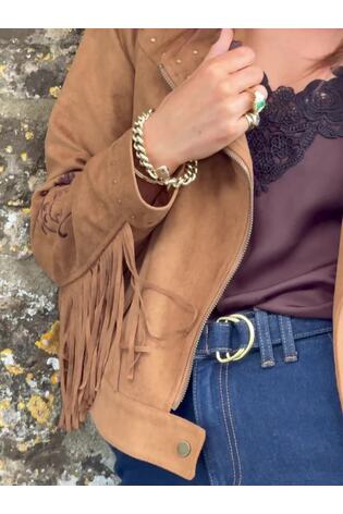 Love & Roses X Binky Tan Brown Suedette Fringe Biker Jacket - Image 2 of 6