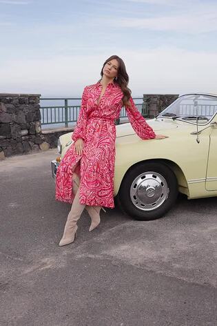 Sosandar Red Petite Blouson Sleeve Belted Midi Shirt Dress - Image 2 of 6