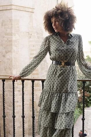 Sosandar Green Khaki Green Spot Print Tiered Hem Midi Shirt Dress - Image 2 of 6