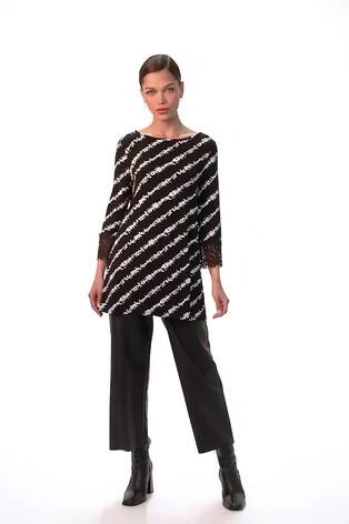 Roman Black Spot Stripe Lace Trim Stretch Tunic Top - Image 2 of 6