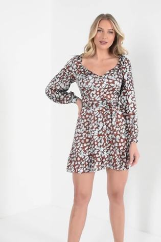 Quiz Brown Animal Print Satin Skater Dress - Image 2 of 6