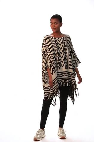Roman Black Pattern Fringe Poncho Jumper - Image 2 of 5