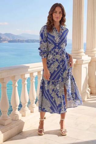 Roman Blue Petite Print Tiered Shirt Midi Dress - Image 2 of 5