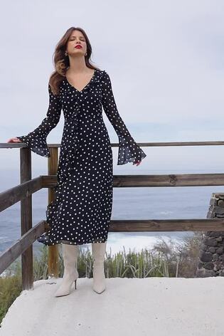 Sosandar Black Asymmetric Frill Midaxi Dress With Fluted Cuff - Image 2 of 6