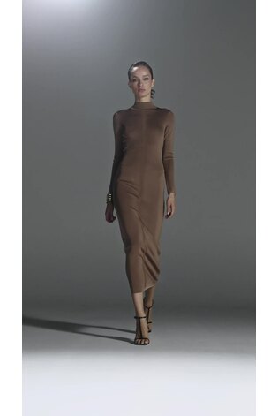 High Neck Long Sleeve Dress in Camel - Image 2 of 6