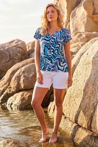 Roman Blue Abstract Print Stretch Tunic Top - Image 2 of 4