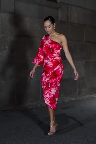 Sosandar Pink Wrap Skirt One Shoulder Midi Dress - Image 2 of 6