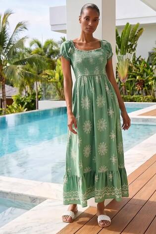 Roman Green Borderie Shirred Maxi Dress - Image 2 of 6