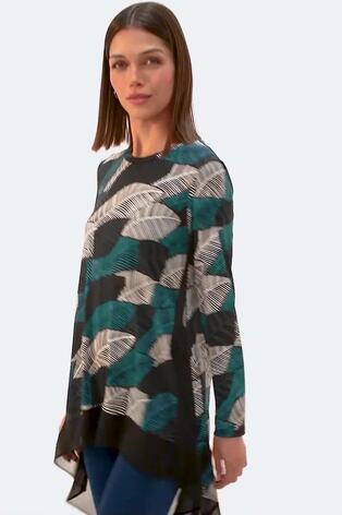 Roman Blue Leaf Print Chiffon Dipped Hem Top - Image 2 of 6