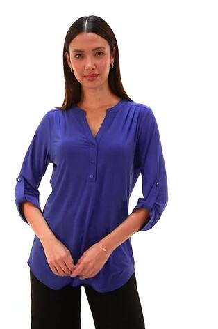 Roman Blue V-Neck Button Detail Stretch Shirt - Image 2 of 6