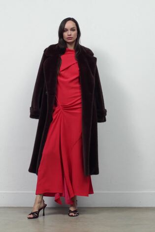 Faux-Fur Long Belted Coat in Chocolate Brown - Image 2 of 8