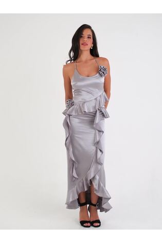 Amy Lynn Silver Satin Rose Appliqué Asymmetric Top - Image 2 of 10