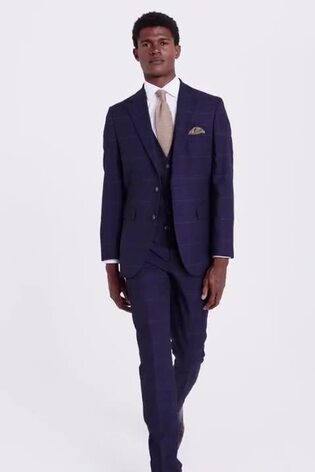 MOSS Navy Blue Slim Fit Check Suit: Jacket