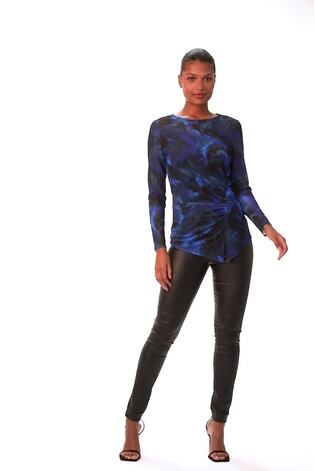 Roman Blue Blurred Print Ruched Stretch Mesh Top - Image 2 of 6