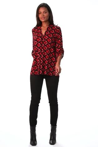 Roman Red Abstract V-Neck Pleat Front Stretch Top - Image 2 of 5