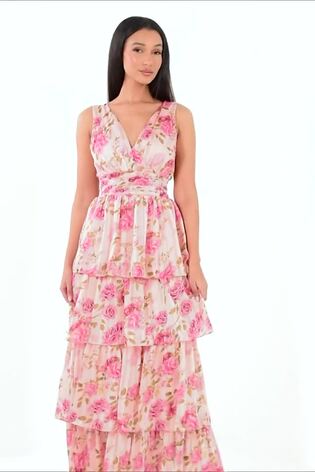 Buy Quiz Pink Multi Chiffon Floral Wrap Tiered Maxi Dress from Next Luxembourg