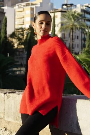Sosandar Red High Neck Folded Button Cuff Jumper - Image 2 of 10