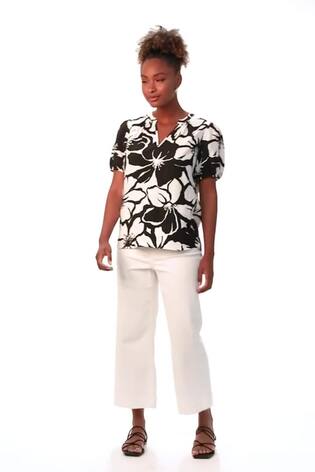 Roman Black Floral Print Mono Print V-Neck Blouse - Image 2 of 6