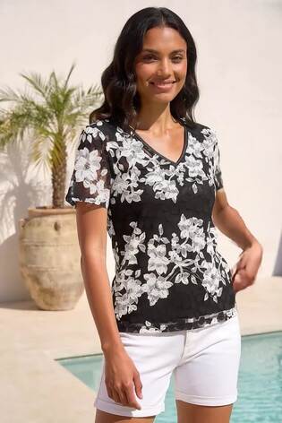 Roman Black Floral Lace V-Neck Top - Image 2 of 5